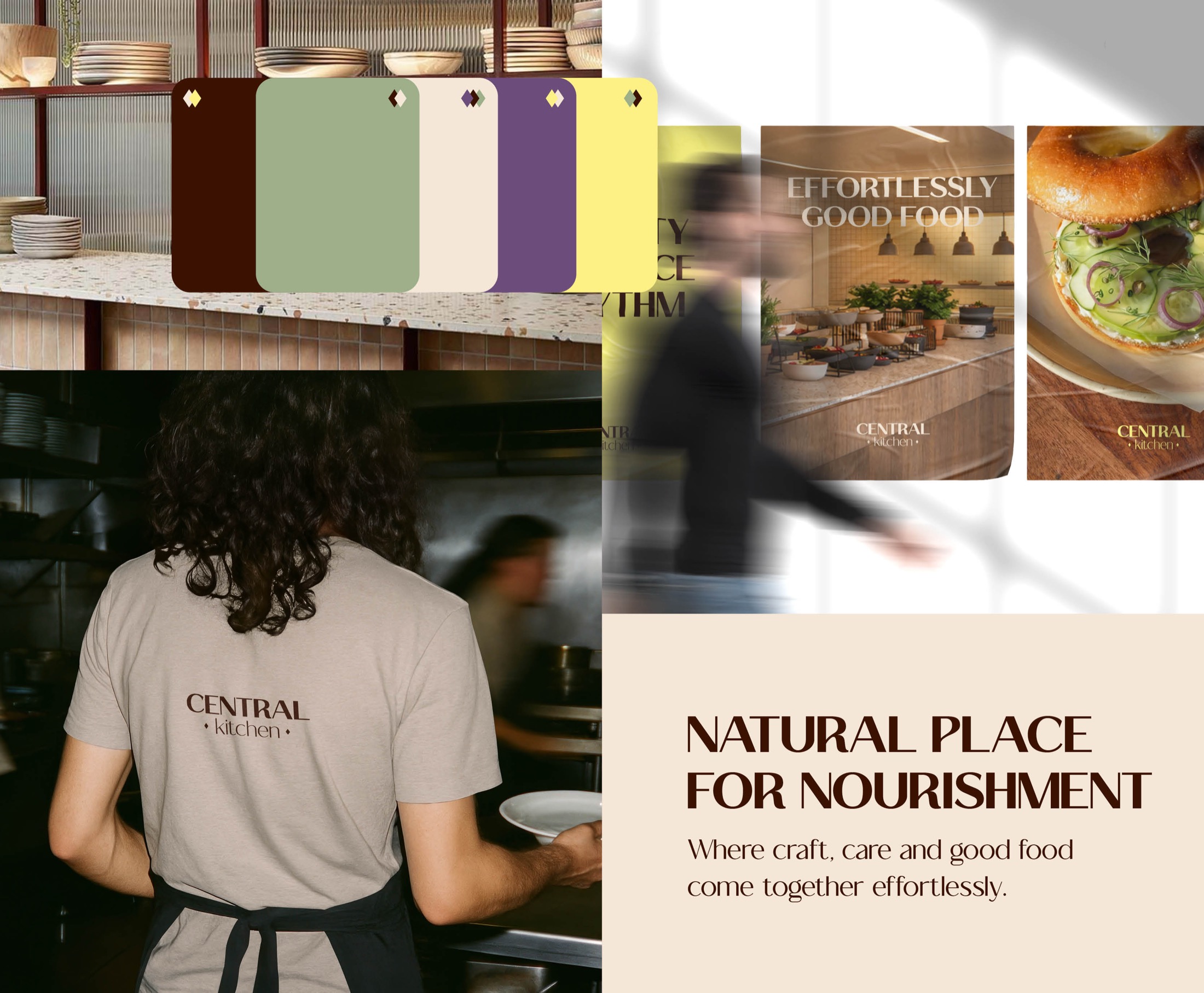 Central Kitchen branding met kleurenpallet, t-shirt mockup en campagnebeelden voor het internationale keukenconcept in Atrium Amsterdam