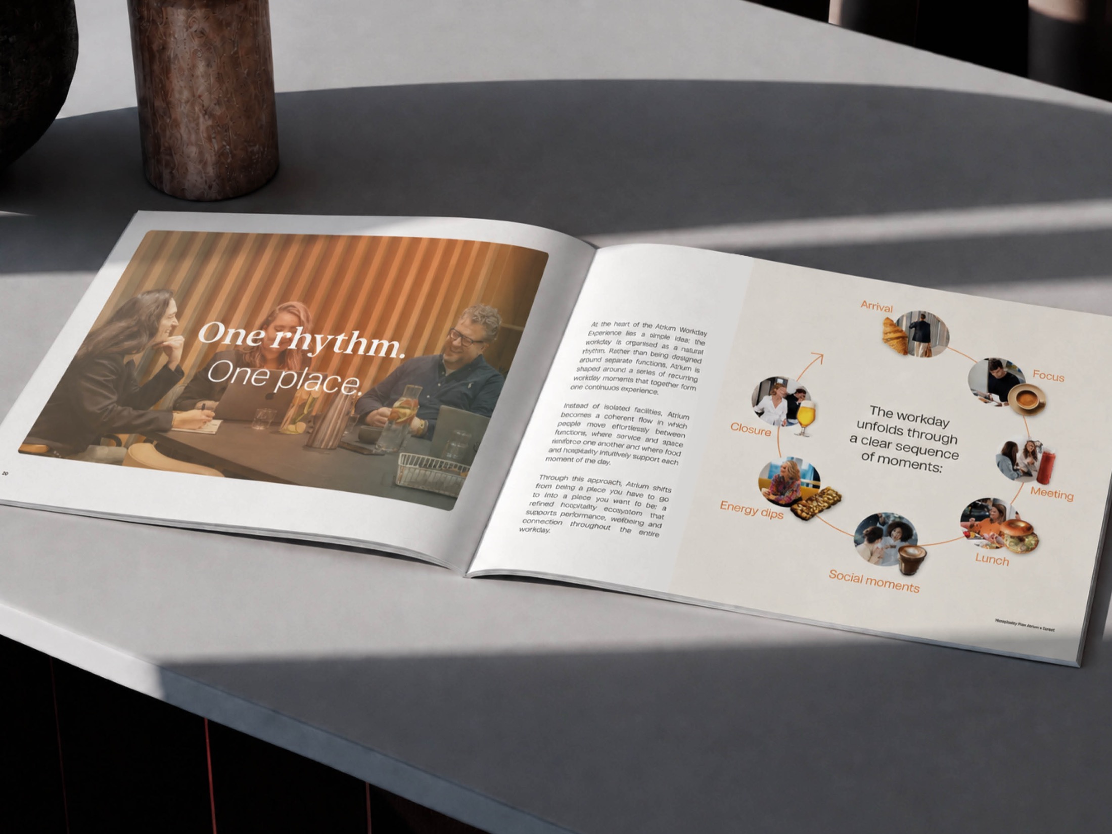 Open mockup van het Atrium Amsterdam conceptboek met de workday-sequentie en tagline One rhythm. One place.