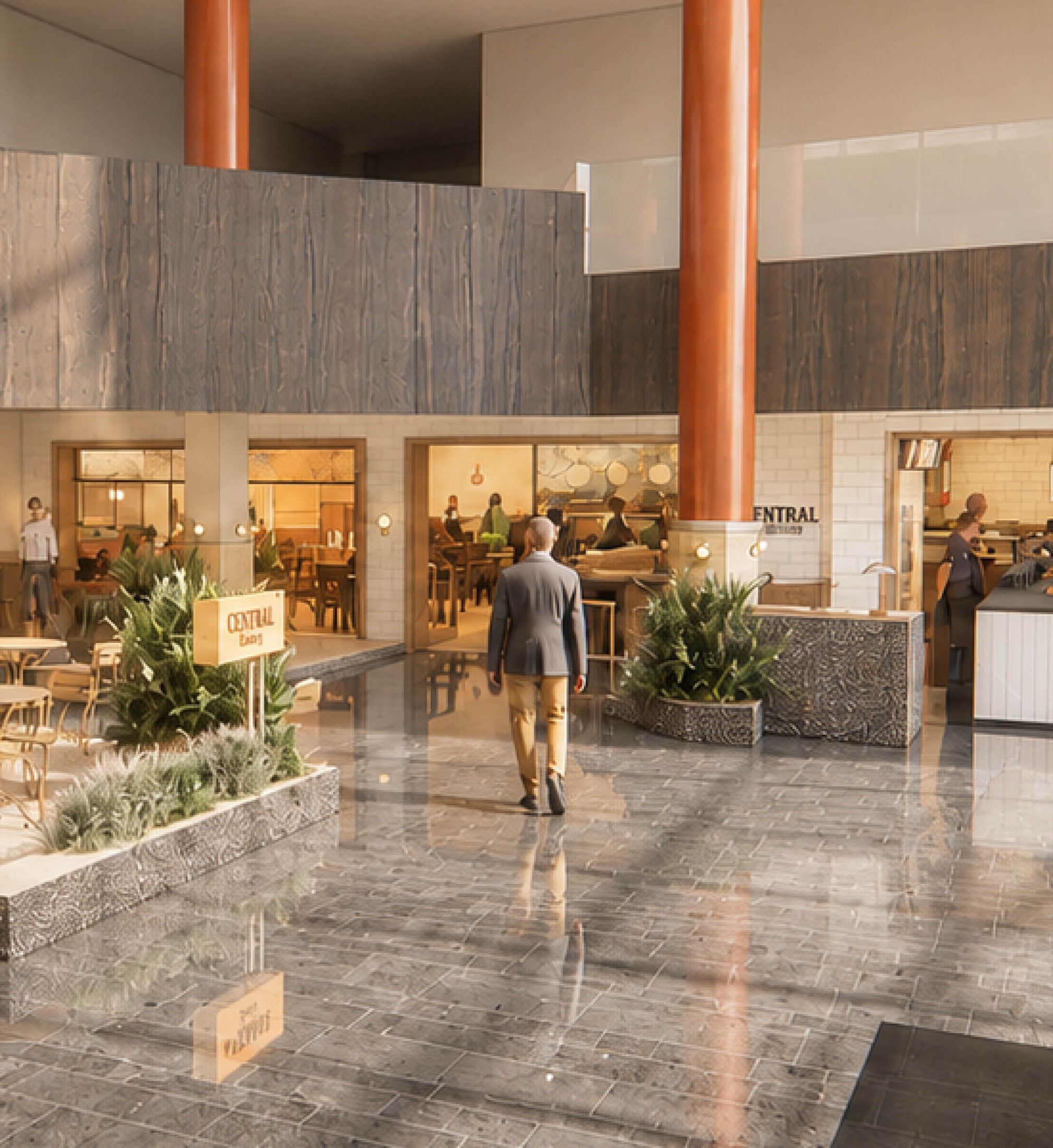 Architectuurrender van de begane grond van Atrium Amsterdam met Central Bistro en Central Kitchen zichtbaar