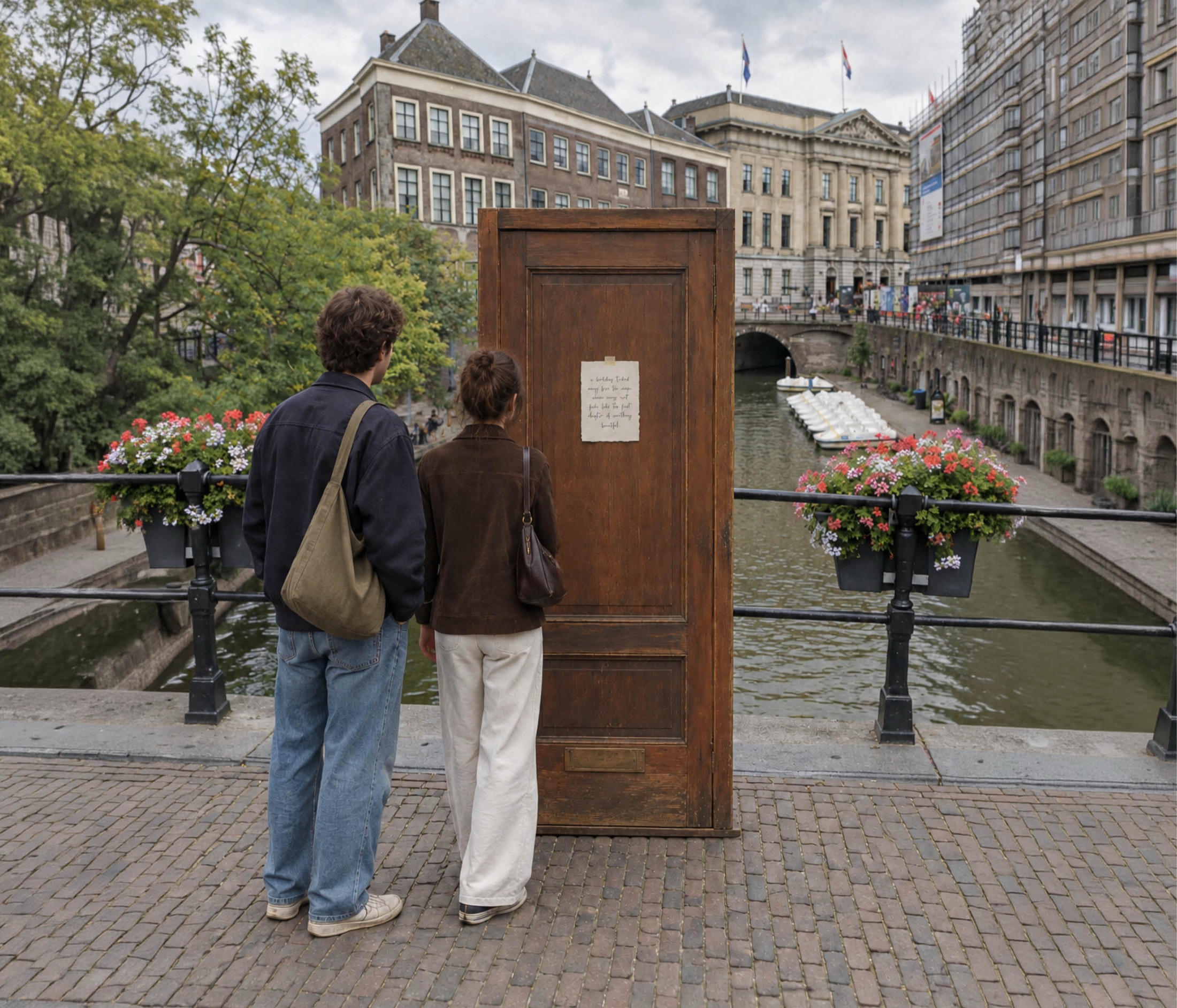 Campagnemockup van een losstaande houten deur op een Utrechtse gracht als guerrilla-activatie voor Blush & Bound