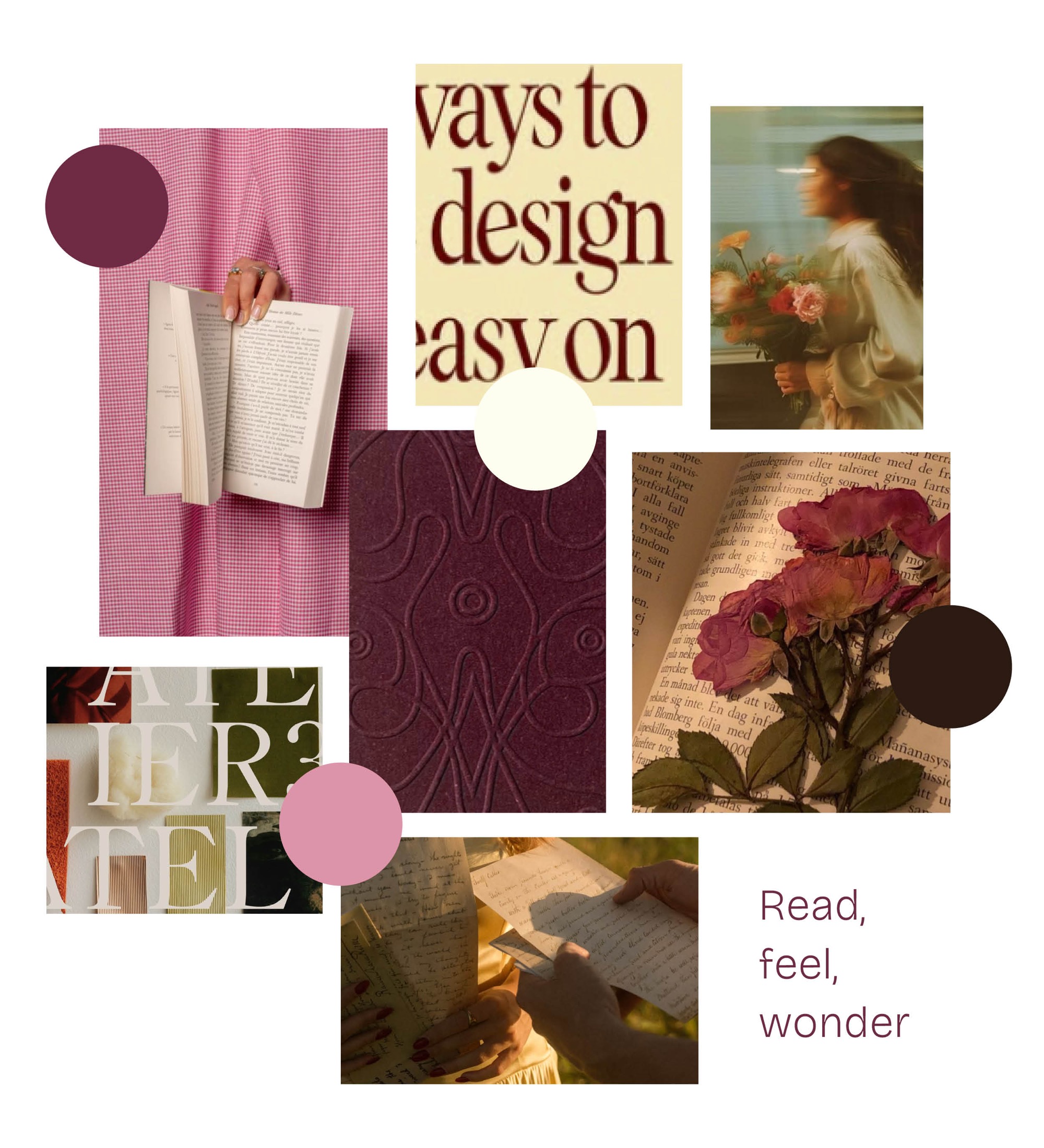 Moodboard voor de visuele identiteit van Blush & Bound met boeken, bloemen, typografie en blush tinten
