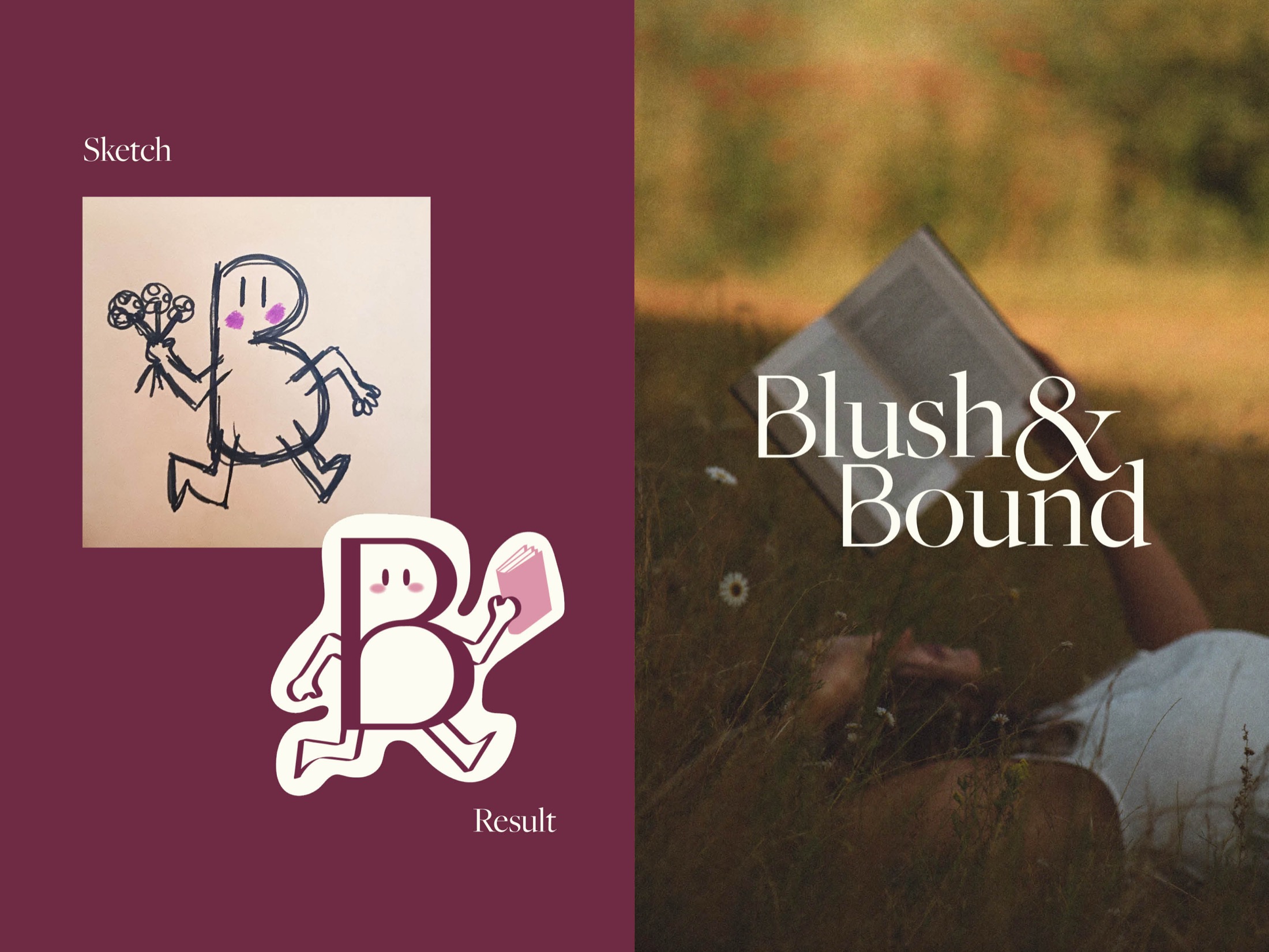 Schets en eindresultaat van de Blush & Bound mascotte — de B met gezicht en beentjes — naast het wordmark
