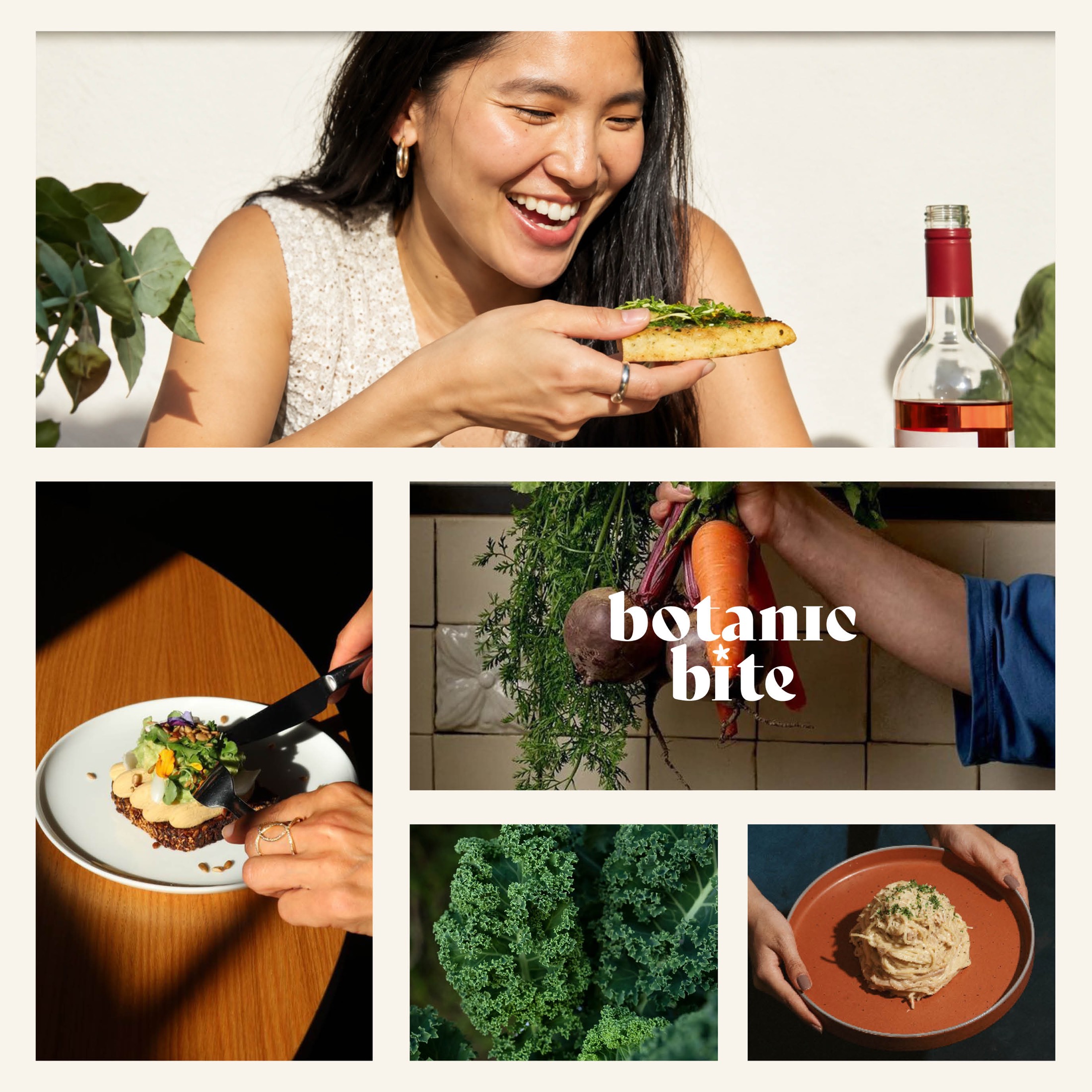 Moodboard en logo van BotanicBite — sfeerbeelden van flexitarisch eten, verse groenten en het woordmerk