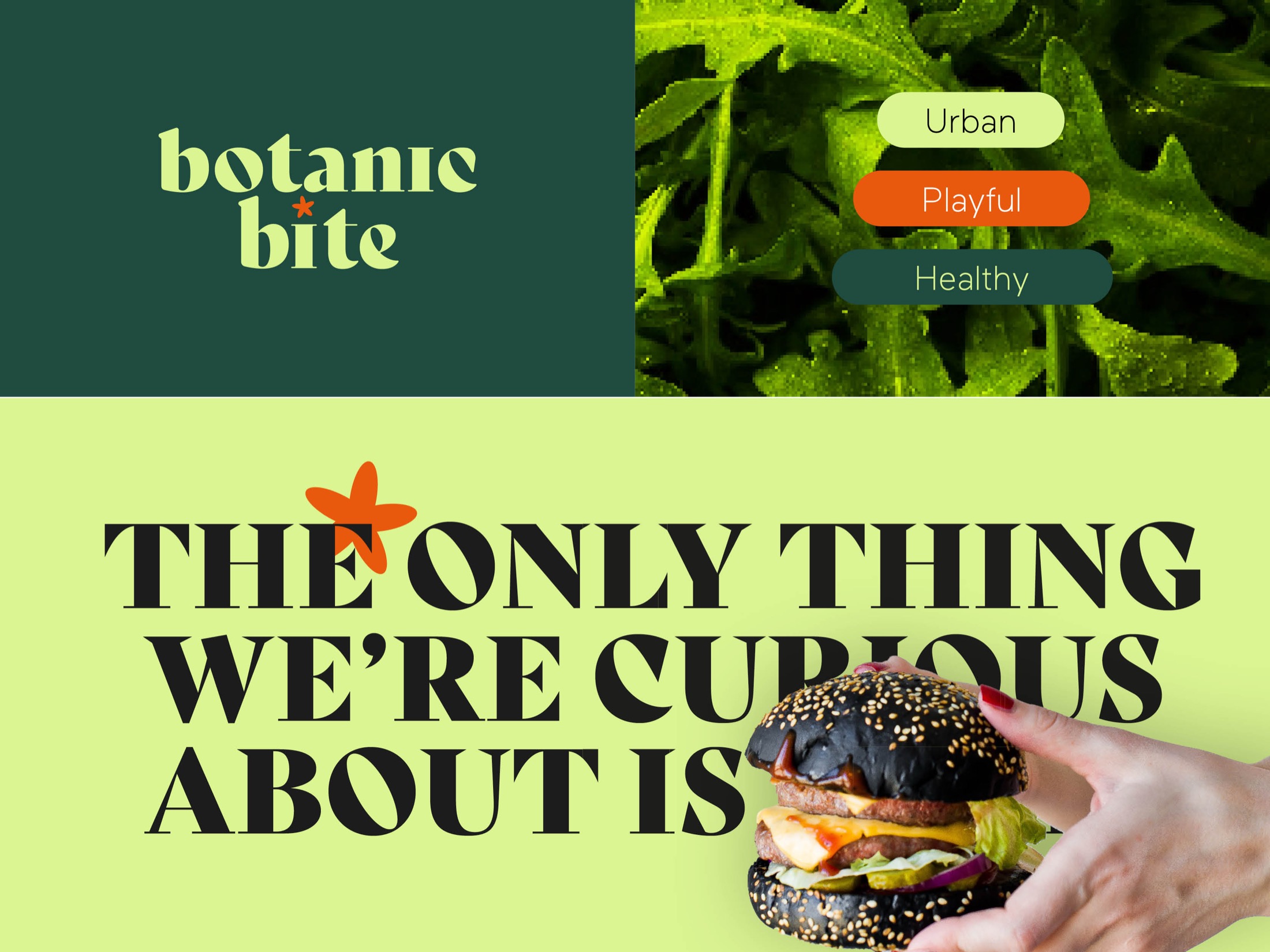 Visueel concept van BotanicBite — logo, merkwaarden Urban, Playful en Healthy, en campagnetagline The only thing we're curious about is