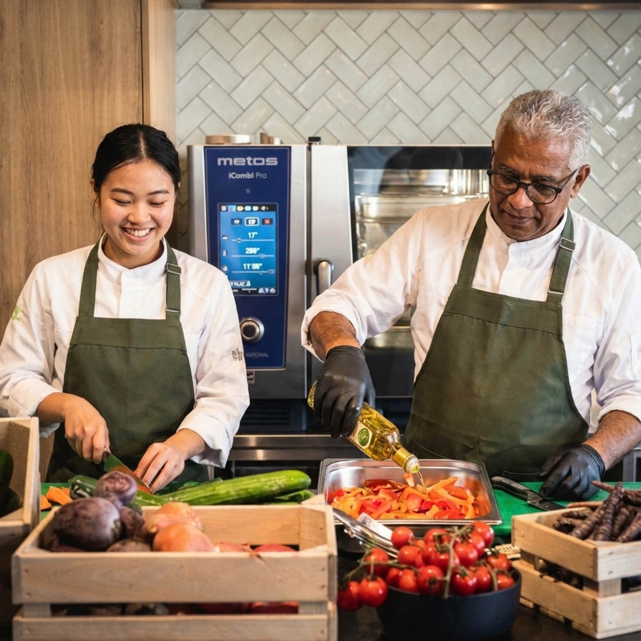 Twee horecamedewerkers in schort bereiden verse groenten voor in een professionele keuken