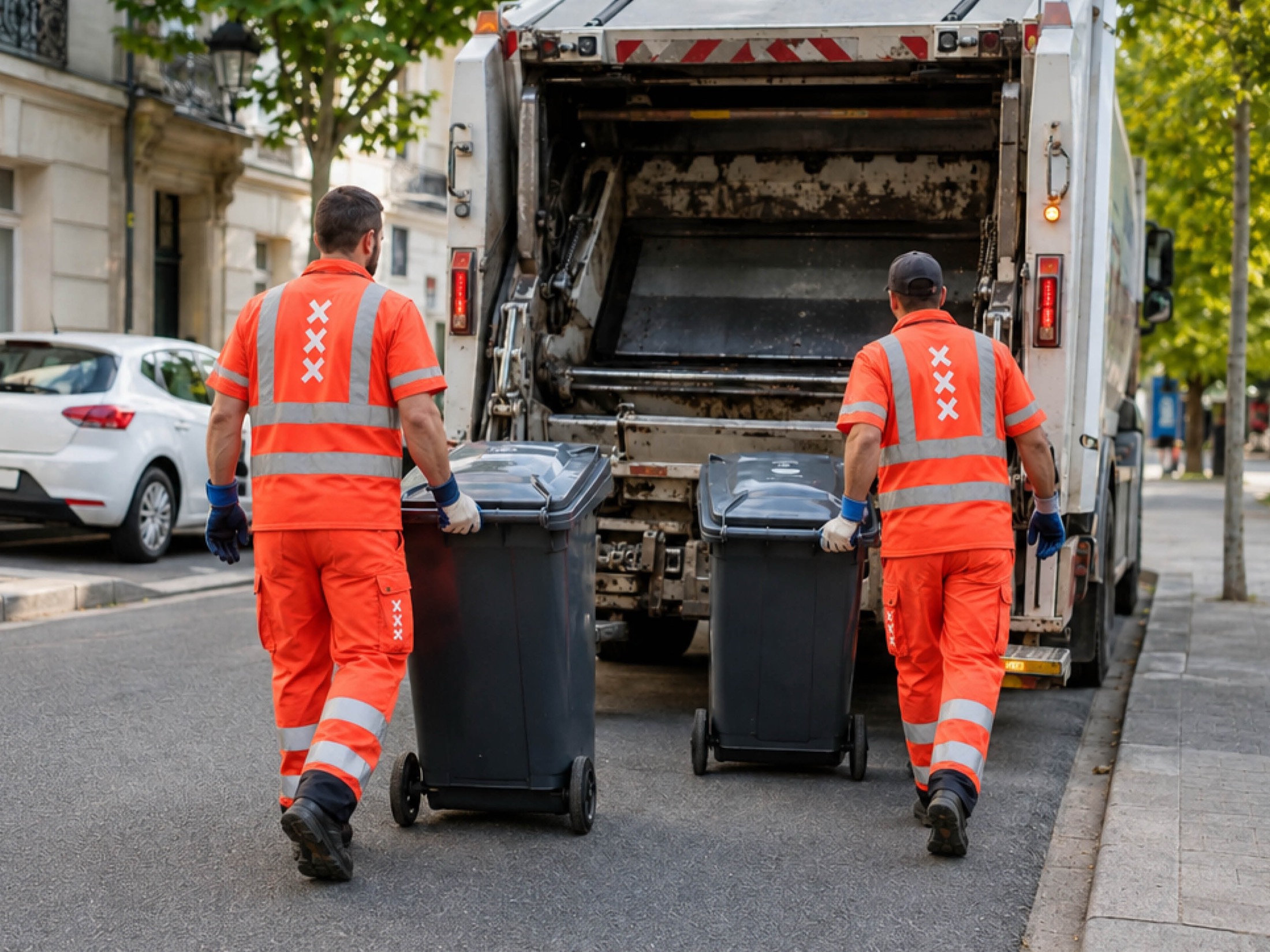 Twee medewerkers van Gemeente Amsterdam in oranje werkkleding met het stadswapen, bezig met vuilnisinzameling op straat