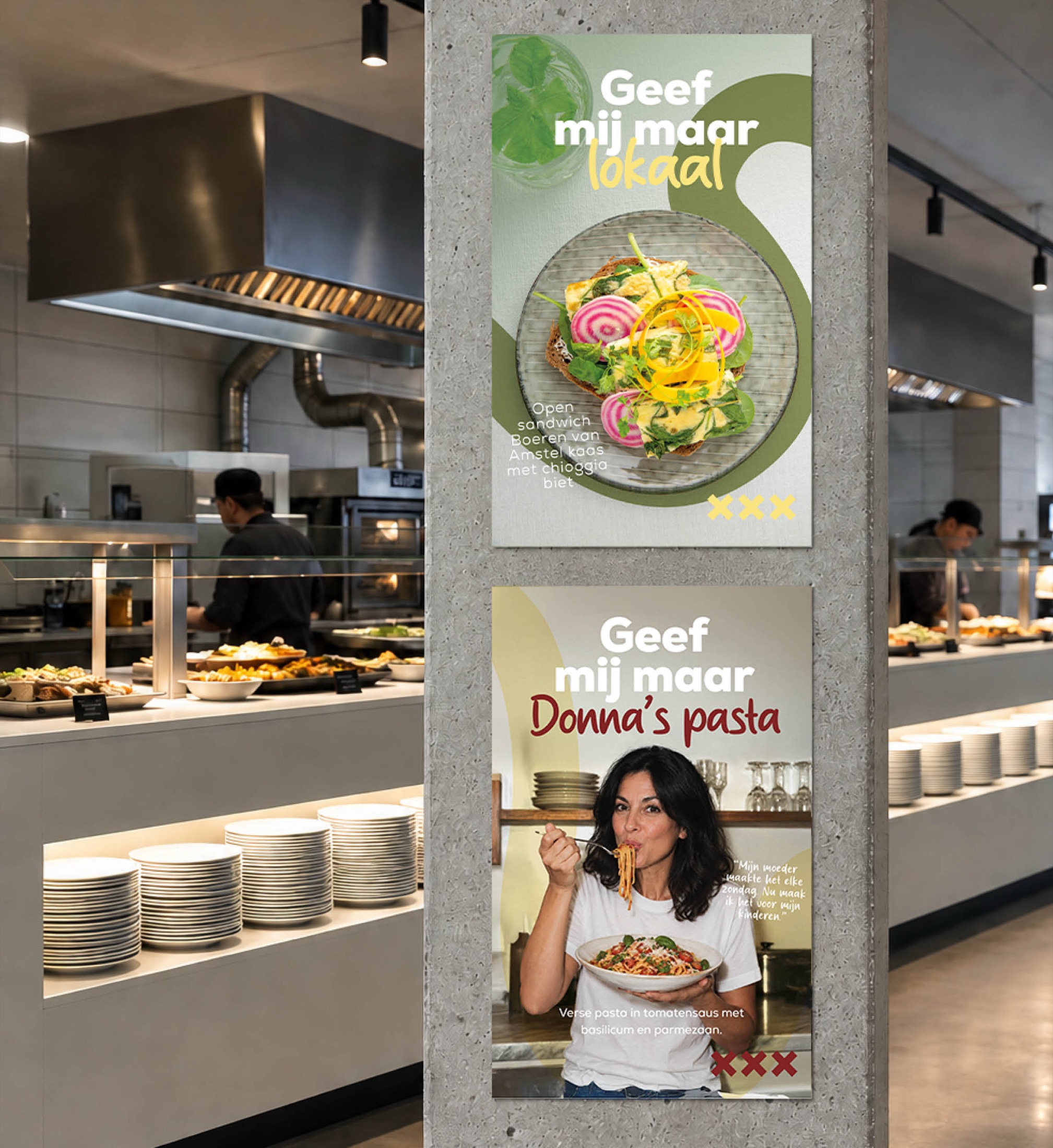 Twee Geef mij maar posters in een kantineumgeving — Geef mij maar lokaal en de weekspecial Donna's pasta